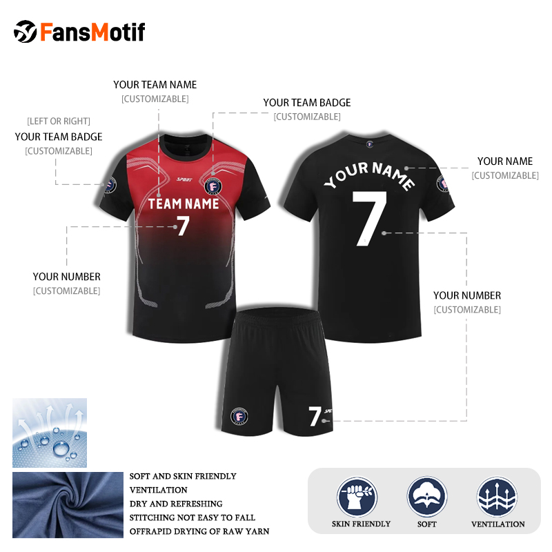 【 Sports T-shirt 】 Black red Short-sleeved loose training clothing for summer competitions - fansmotif