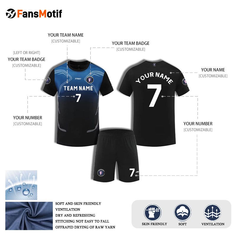 【 Sports T-shirt 】 Black and blue Short-sleeved loose training clothing for summer competitions - fansmotif
