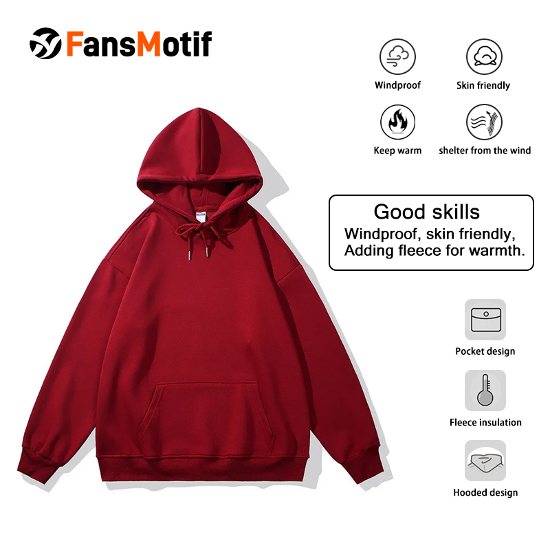 【 Heavy hoodie 】 red Hoodie customized solid color pullover hoodie can print logo loose coat - fansmotif
